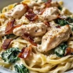 Creamy Chicken Bacon Spinach Fettuccine with Broccoli