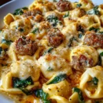 Creamy Tortellini Pasta with Beef, Spinach & Italian Sausage