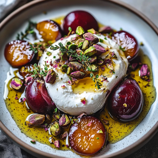 Burrata with Roasted Plums, Pistachios & Thyme