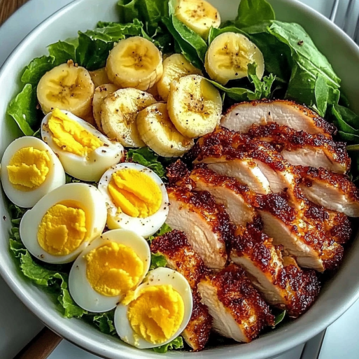 Crispy Chicken & Egg Salad Bowl with Fresh Banana & Greens