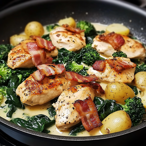 Garlic Butter Chicken Skillet with Bacon, Spinach, Broccoli & Potatoes