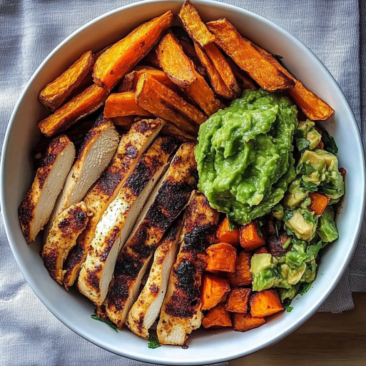 Grilled Chicken Power Bowl with Sweet Potato Fries & Fresh Guac