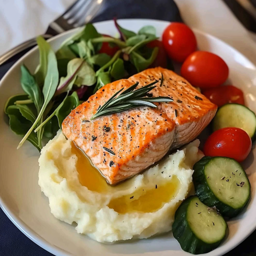 Rosemary Salmon with Mashed Potatoes & Fresh Garden Salad